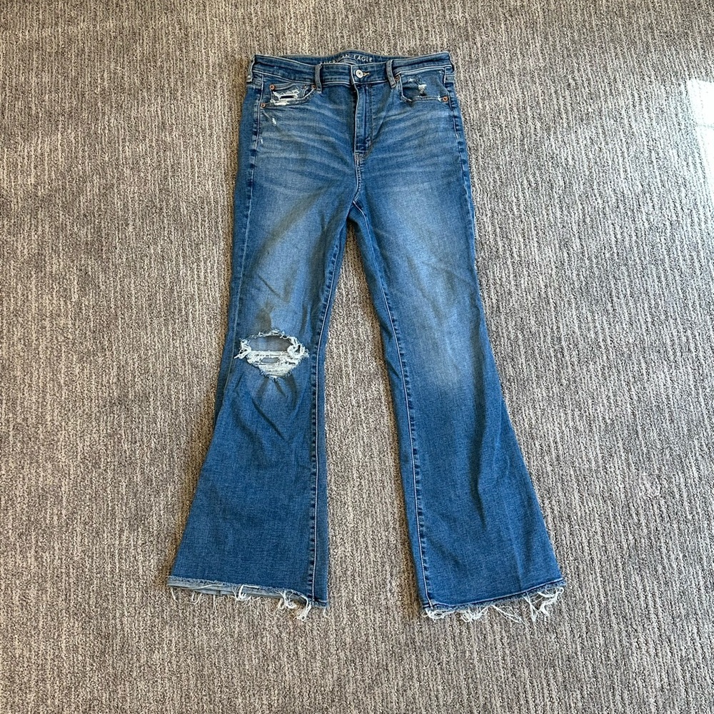 American Eagle Blue Flare Jeans with Distressed Details